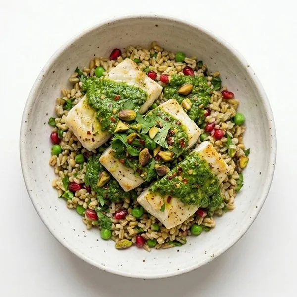 Spicy zhoug fish with peas freekeh